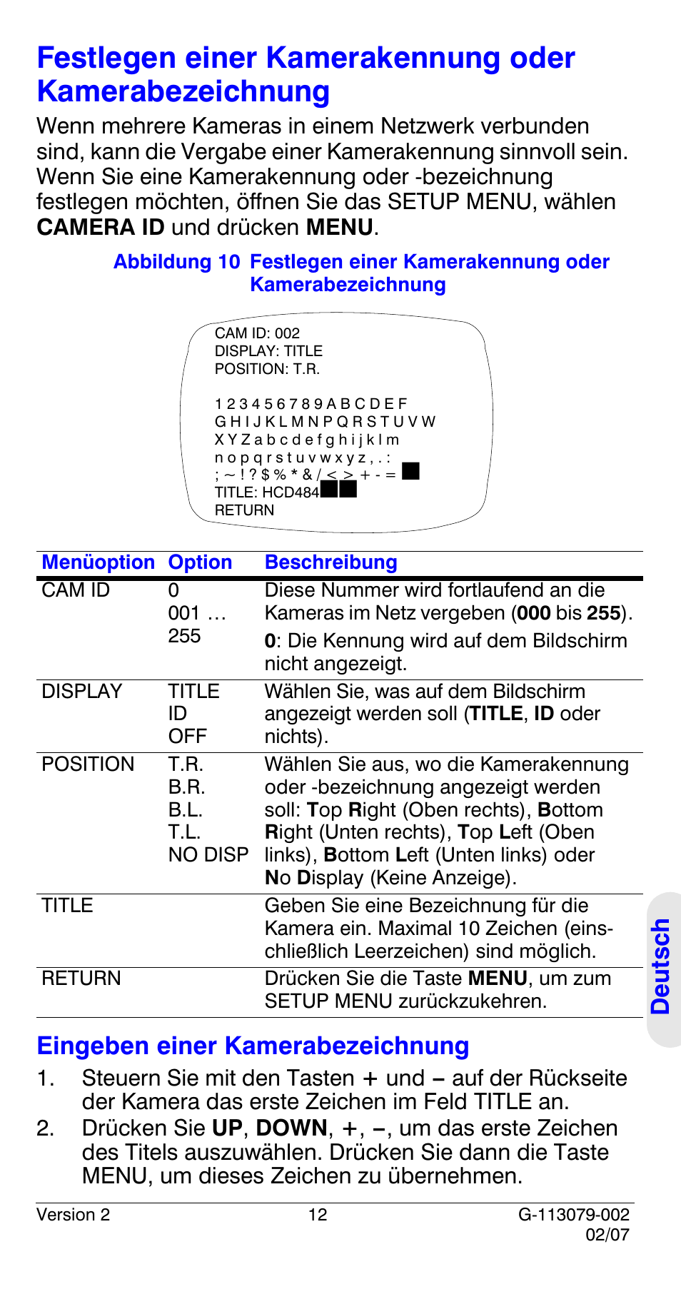 Deutsch, Eingeben einer kamerabezeichnung | Honeywell HCD484L User Manual | Page 113 / 144