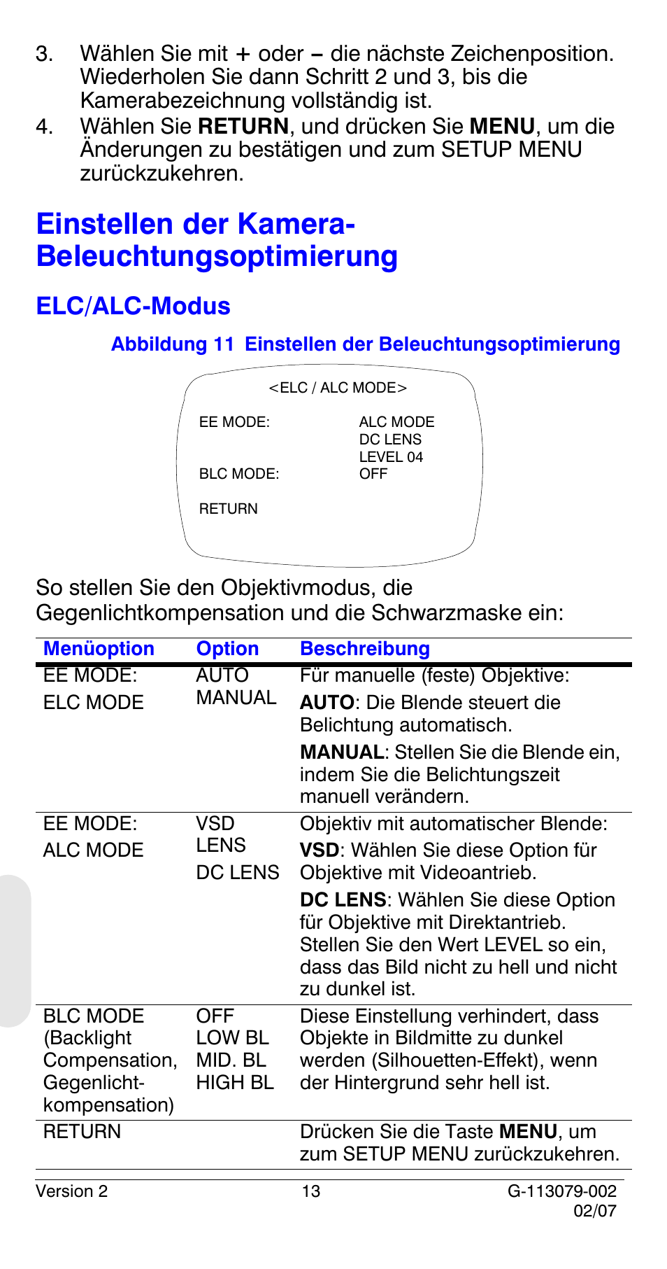 Einstellen der kamera- beleuchtungsoptimierung, Einstellen der kamera-beleuchtungsoptimierung 13, Elc/alc-modus | Honeywell HCD484L User Manual | Page 114 / 144