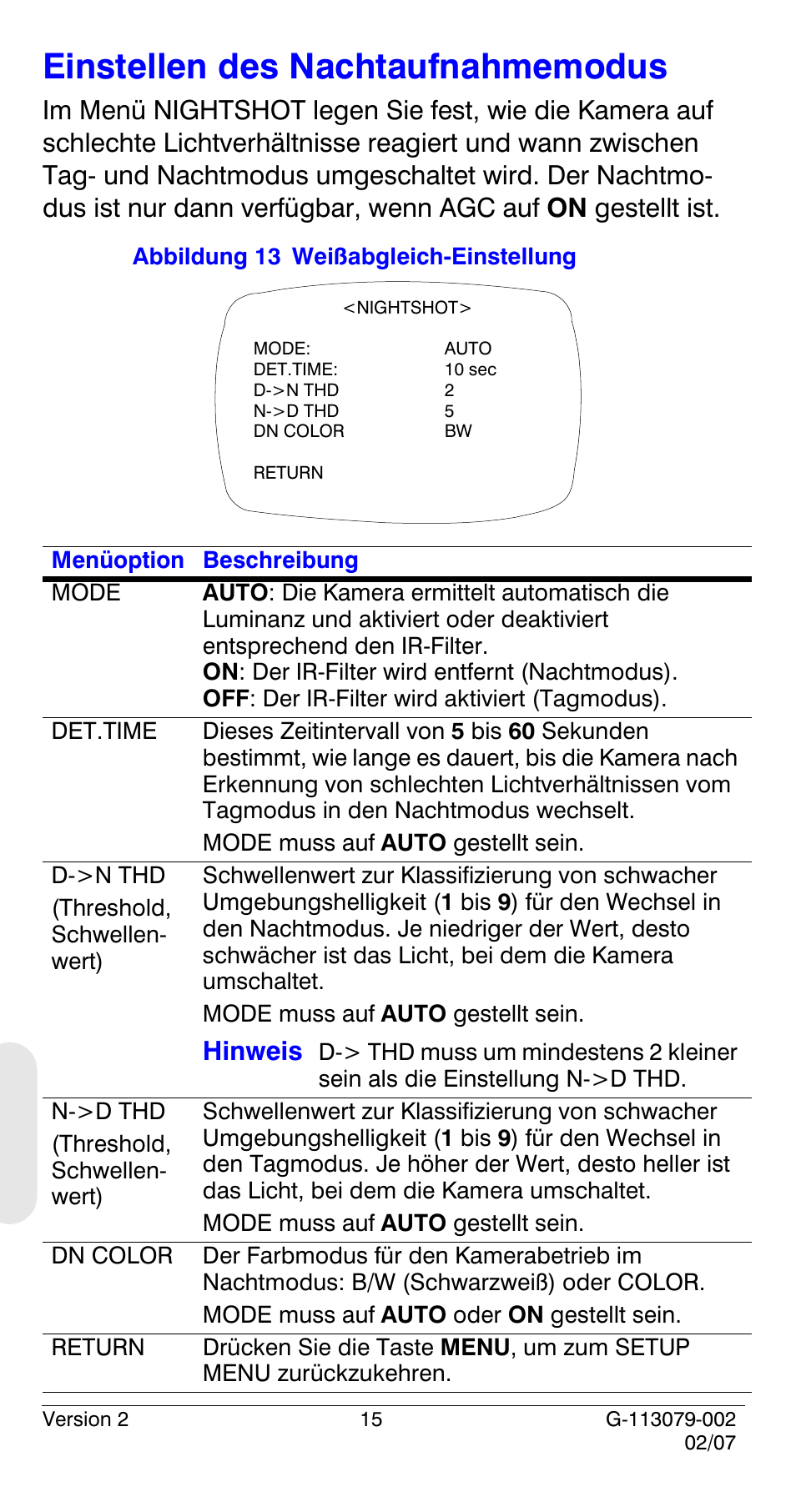 Einstellen des nachtaufnahmemodus, Hinweis | Honeywell HCD484L User Manual | Page 116 / 144