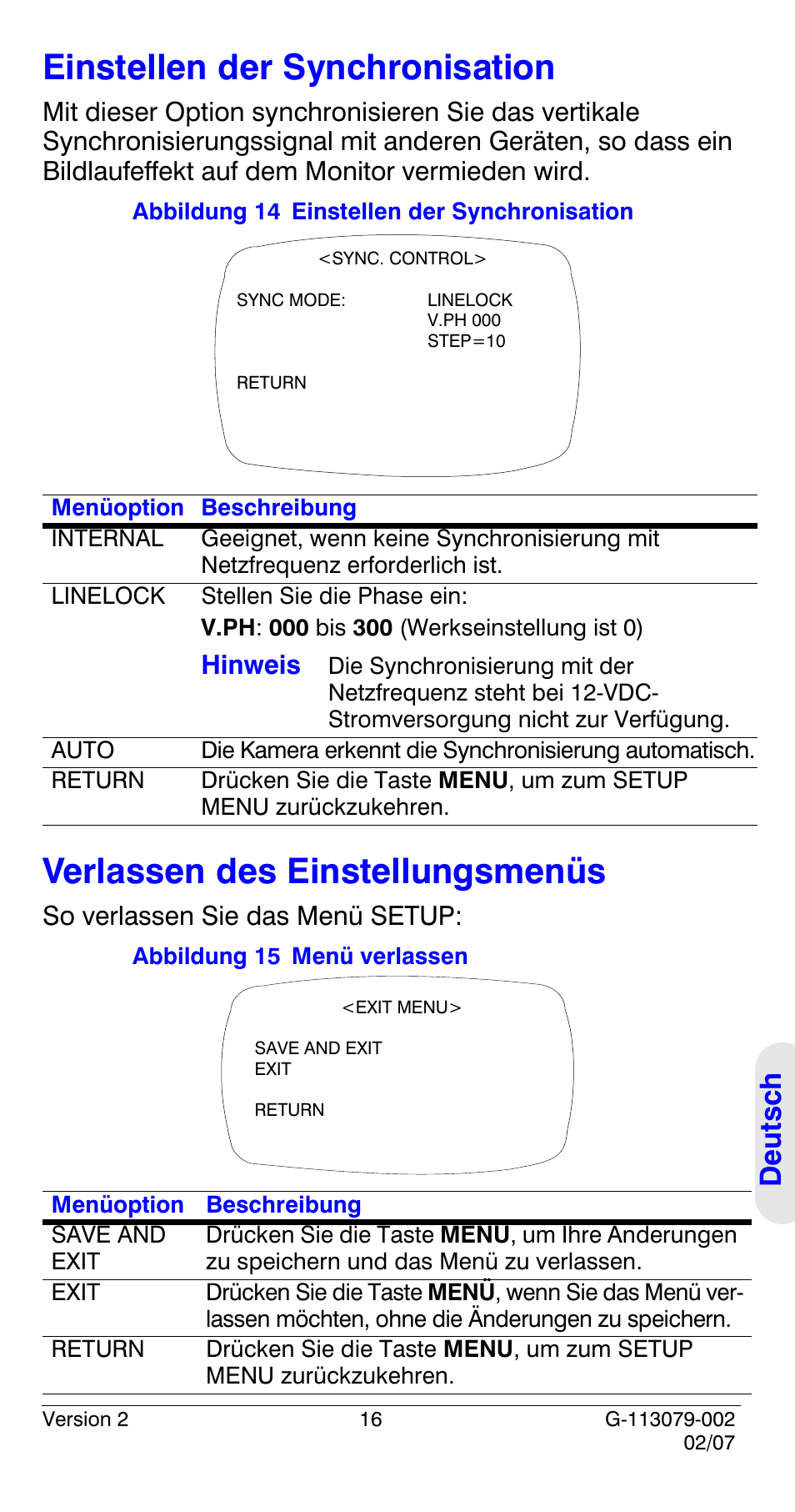 Einstellen der synchronisation, Verlassen des einstellungsmenüs, Einstellen der | Synchronisation, Deutsch, So verlassen sie das menü setup, Hinweis | Honeywell HCD484L User Manual | Page 117 / 144