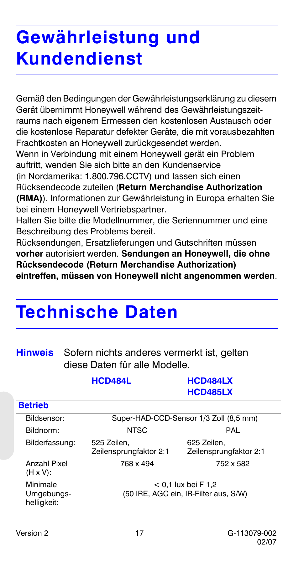 Gewährleistung und kundendienst, Technische daten | Honeywell HCD484L User Manual | Page 118 / 144