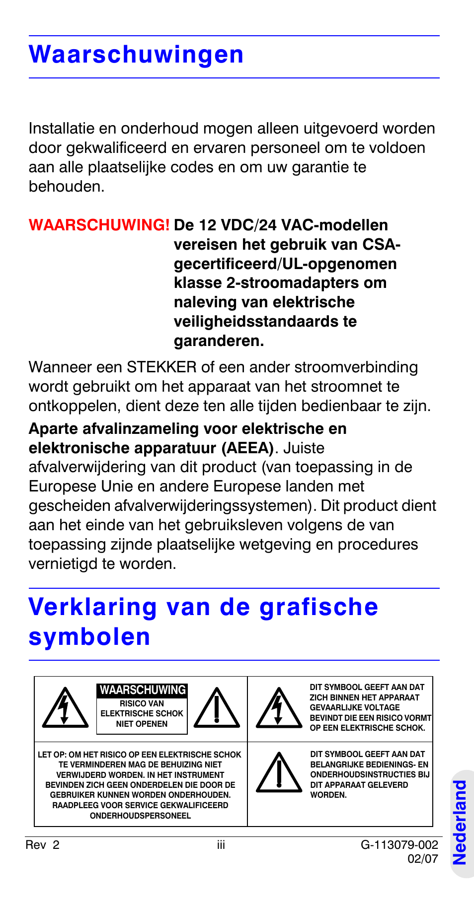 Waarschuwingen, Verklaring van de grafische symbolen, Ned e rland | Honeywell HCD484L User Manual | Page 123 / 144