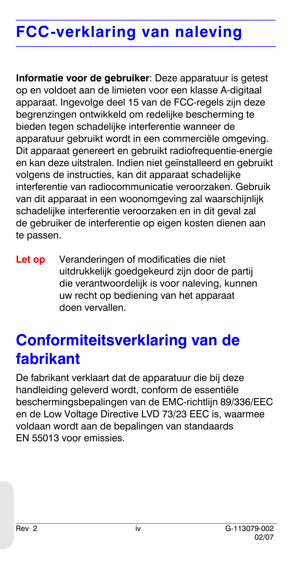Fcc-verklaring van naleving, Conformiteitsverklaring van de fabrikant | Honeywell HCD484L User Manual | Page 124 / 144