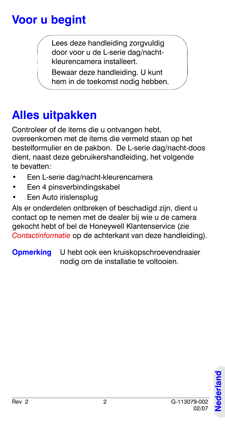 Voor u begint, Alles uitpakken, Voor u begint alles uitpakken | Honeywell HCD484L User Manual | Page 127 / 144