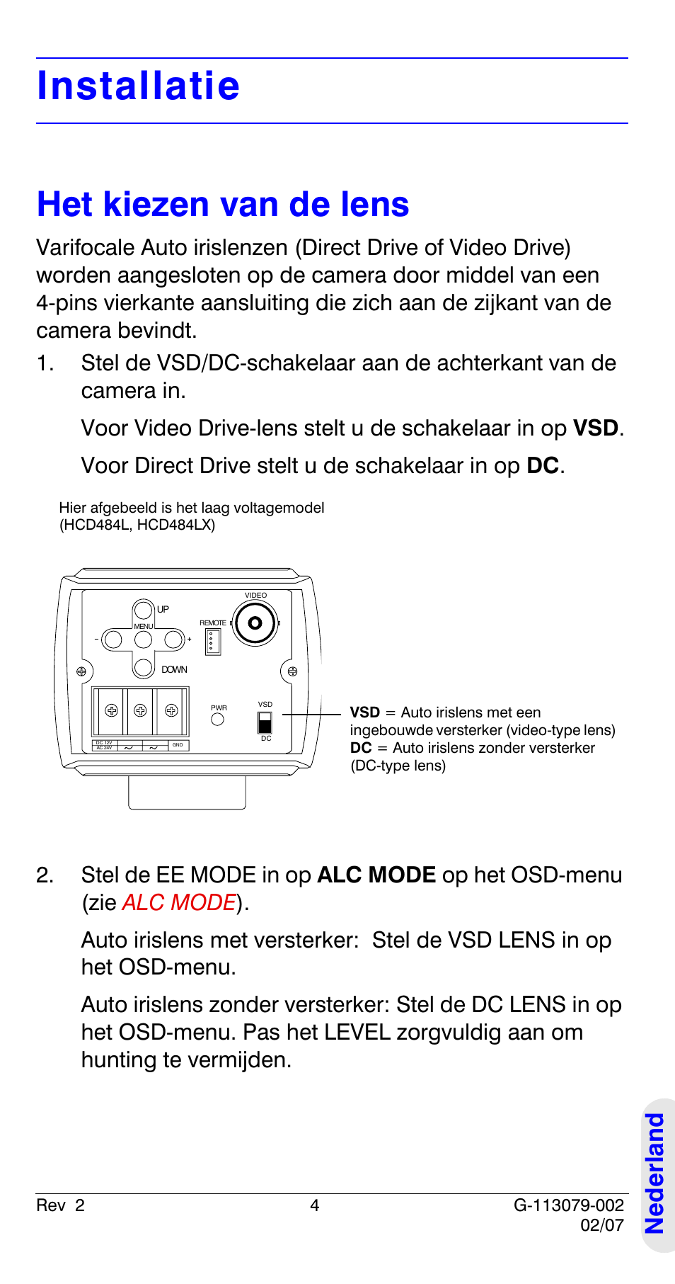 Installatie, Het kiezen van de lens, Ned e rland | Honeywell HCD484L User Manual | Page 129 / 144