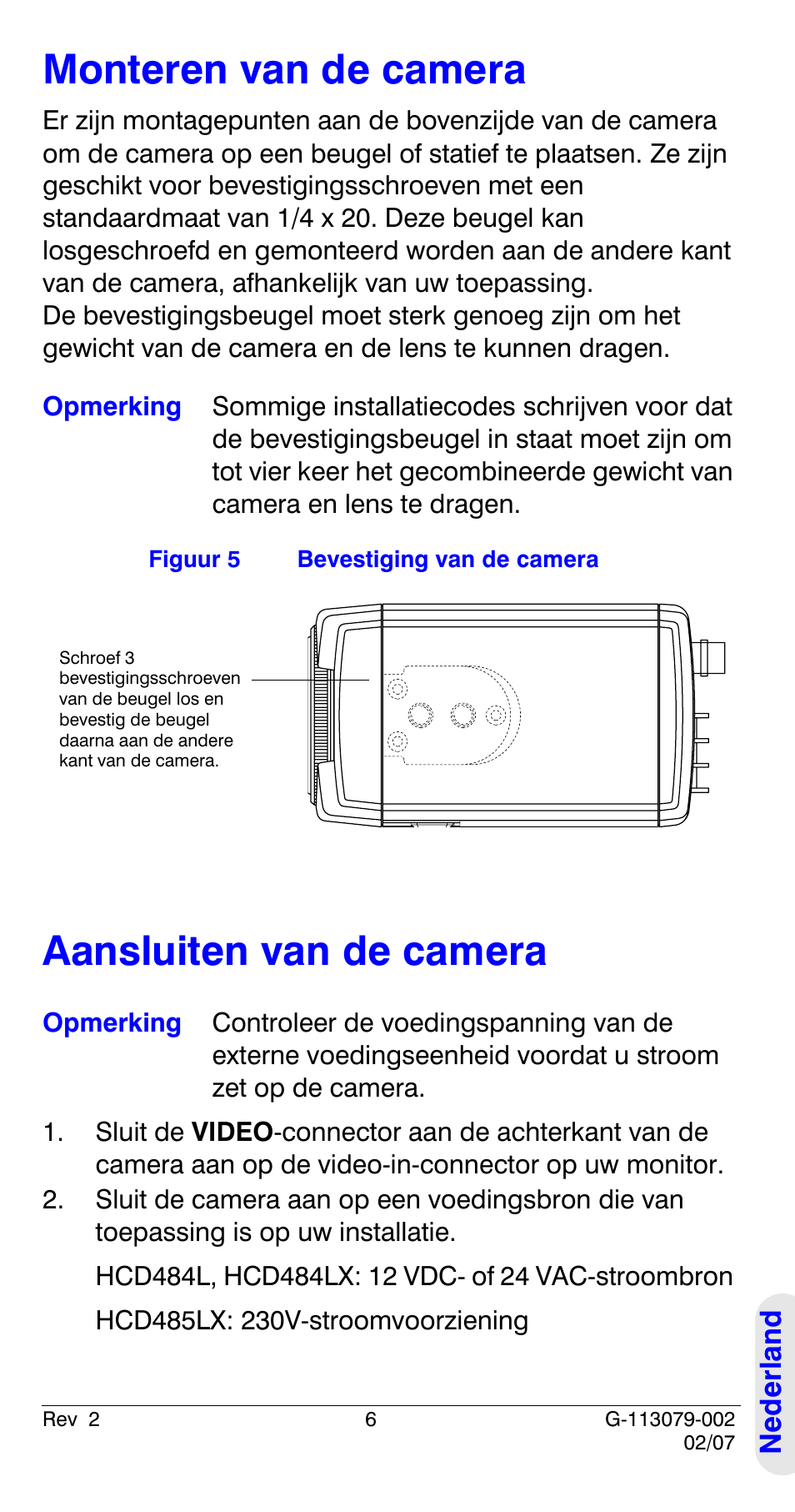 Monteren van de camera, Aansluiten van de camera, Monteren van de camera aansluiten van de camera | Honeywell HCD484L User Manual | Page 131 / 144
