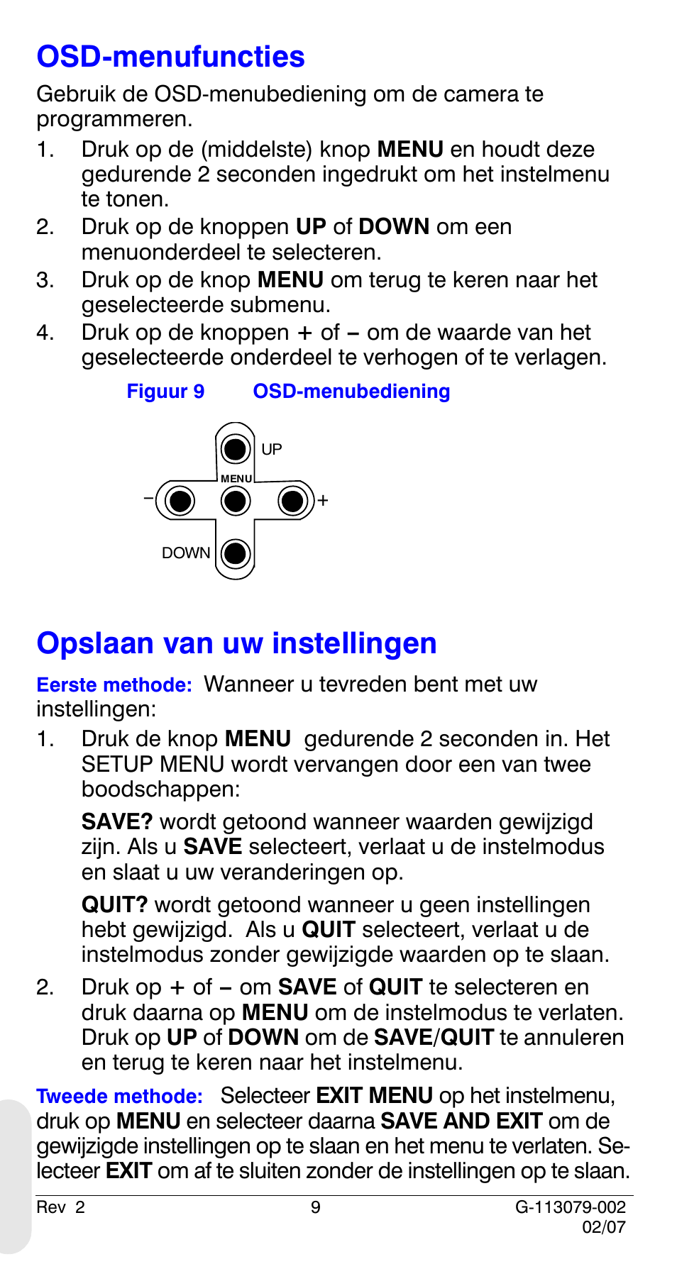 Osd-menufuncties, Opslaan van uw instellingen, Osd-menufuncties opslaan van uw instellingen | Honeywell HCD484L User Manual | Page 134 / 144