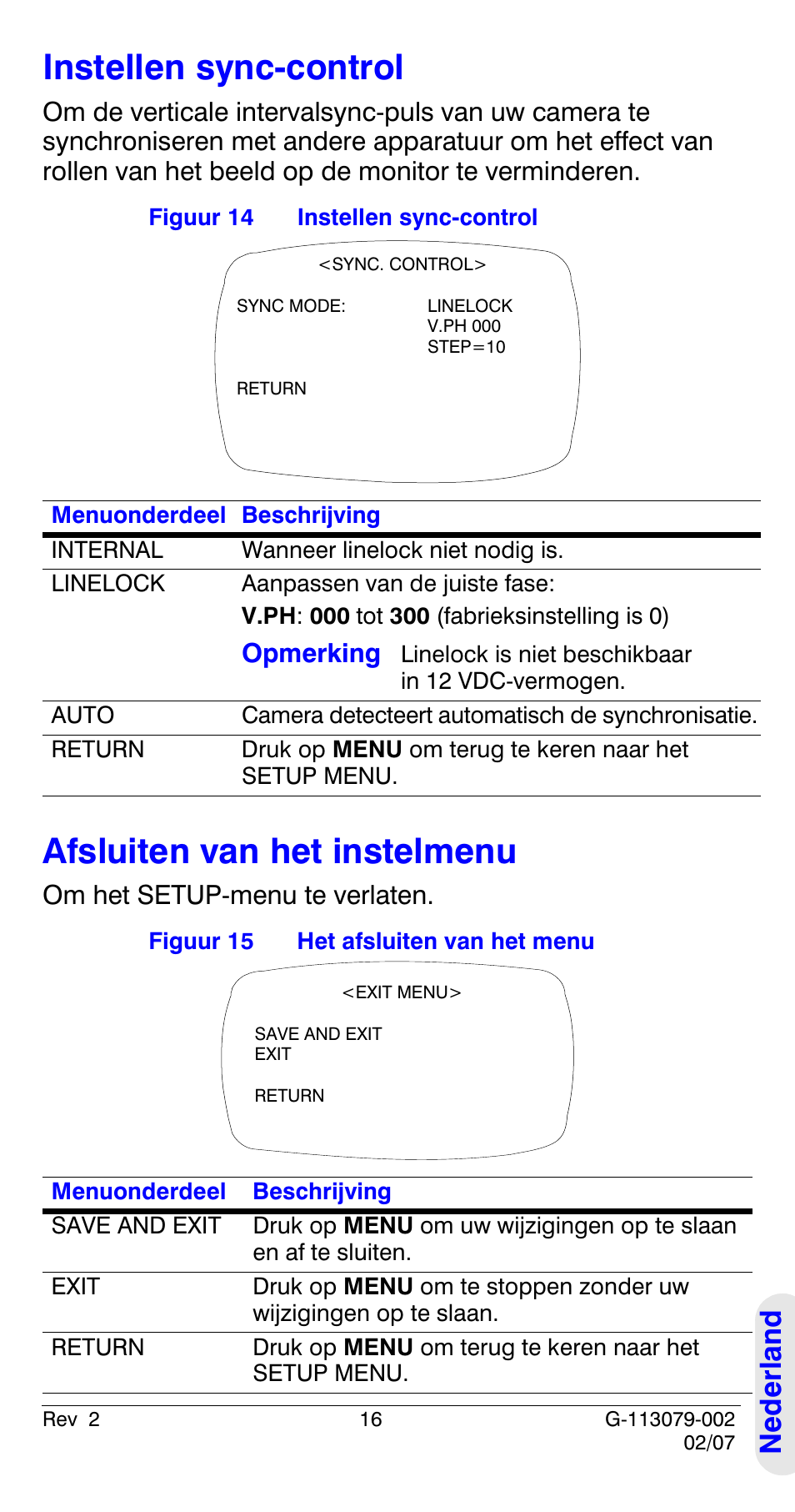 Instellen sync-control, Afsluiten van het instelmenu, Ned e rland | Om het setup-menu te verlaten, Opmerking | Honeywell HCD484L User Manual | Page 141 / 144