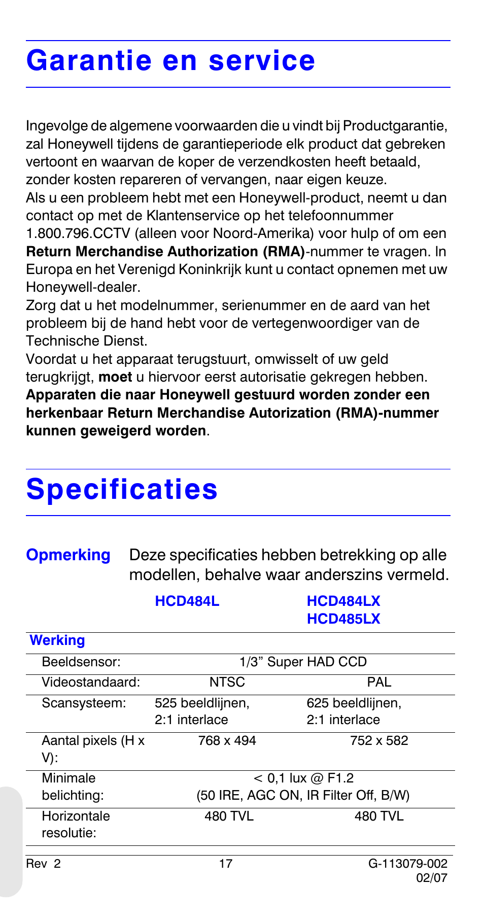 Garantie en service, Specificaties | Honeywell HCD484L User Manual | Page 142 / 144