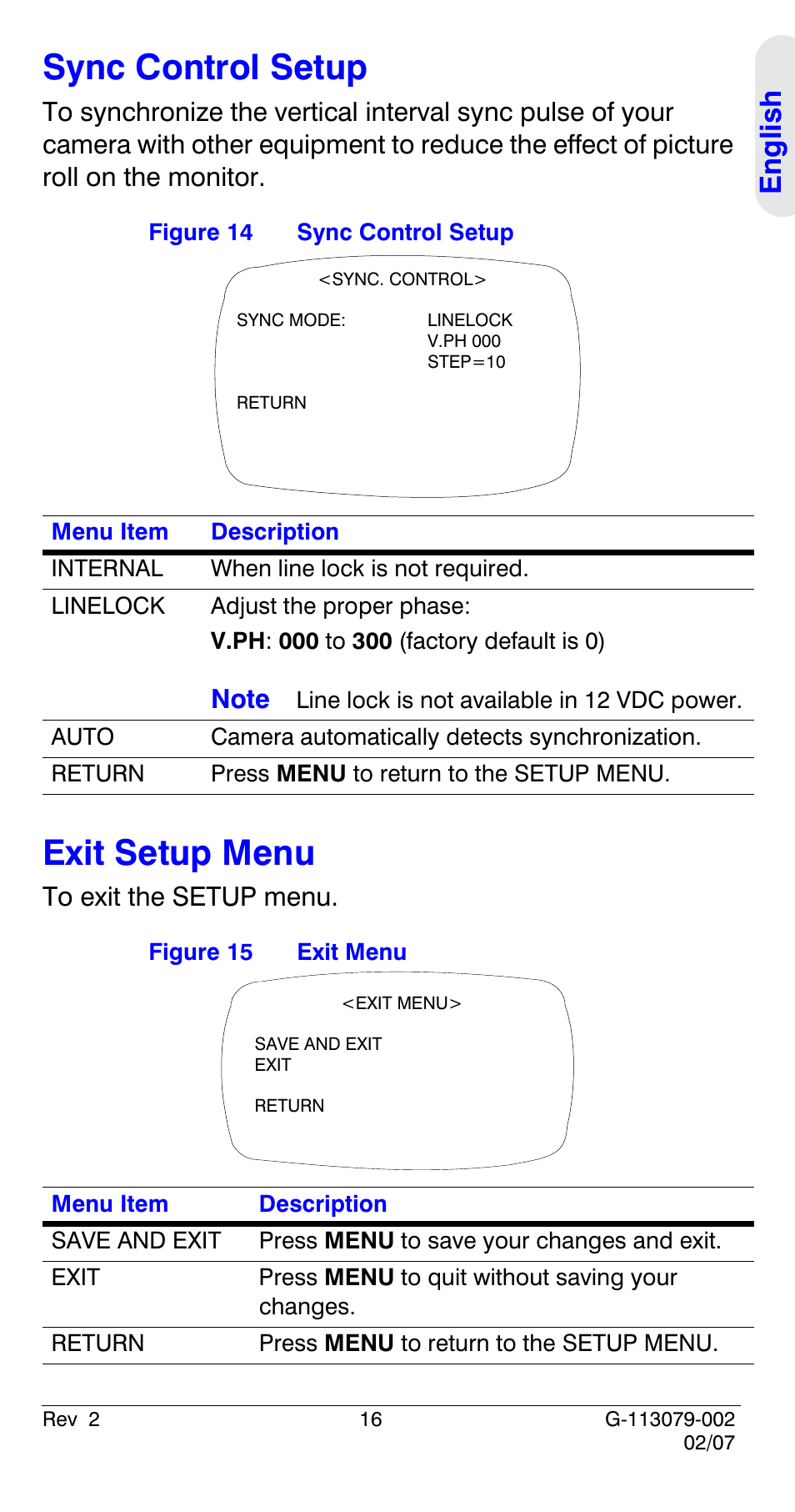 Sync control setup, Exit setup menu, Sync control setup exit setup menu | Eng lish | Honeywell HCD484L User Manual | Page 21 / 144