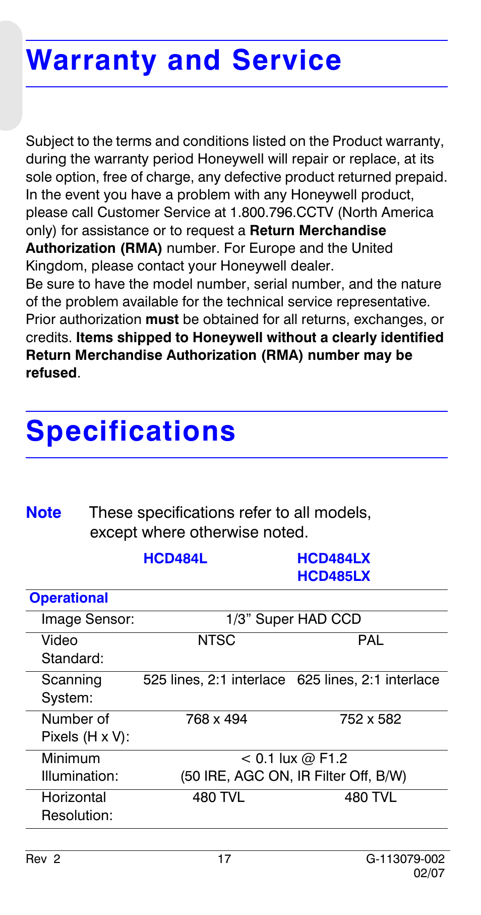 Warranty and service, Specifications | Honeywell HCD484L User Manual | Page 22 / 144