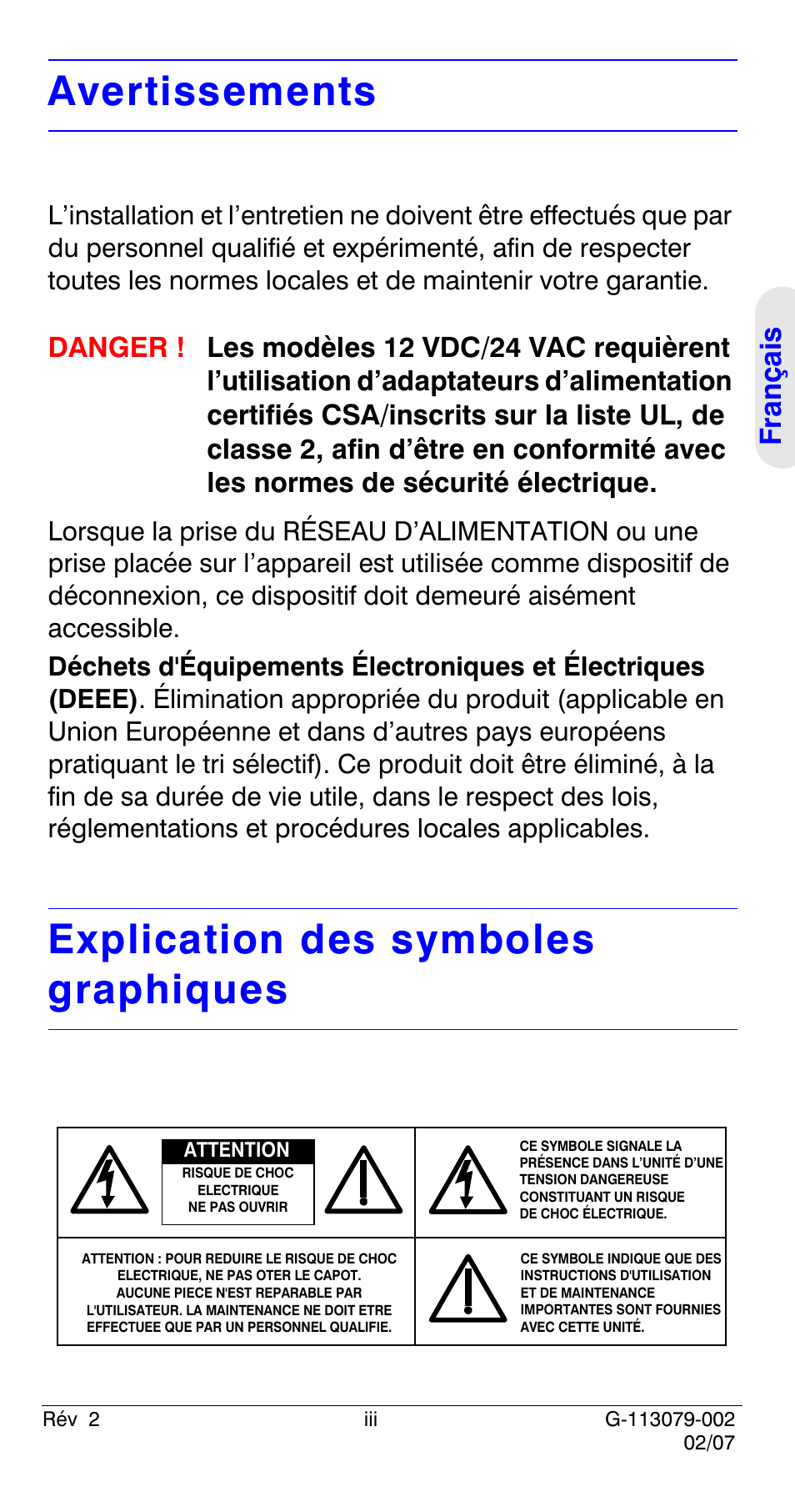 Avertissements, Explication des symboles graphiques | Honeywell HCD484L User Manual | Page 27 / 144