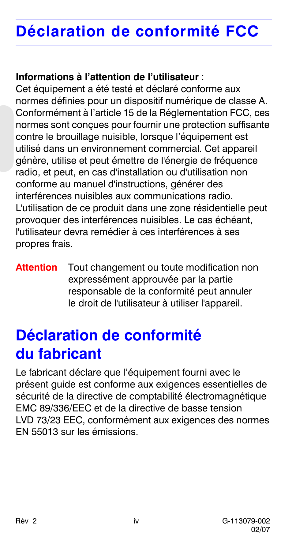 Déclaration de conformité fcc, Déclaration de conformité du fabricant | Honeywell HCD484L User Manual | Page 28 / 144