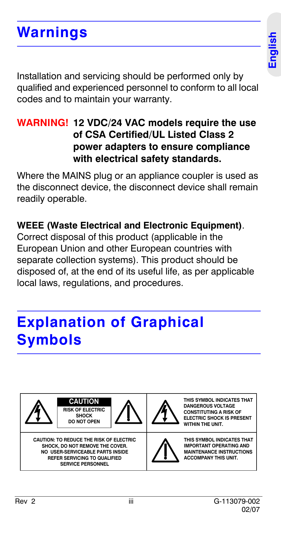 Warnings, Explanation of graphical symbols, Eng lish | Honeywell HCD484L User Manual | Page 3 / 144
