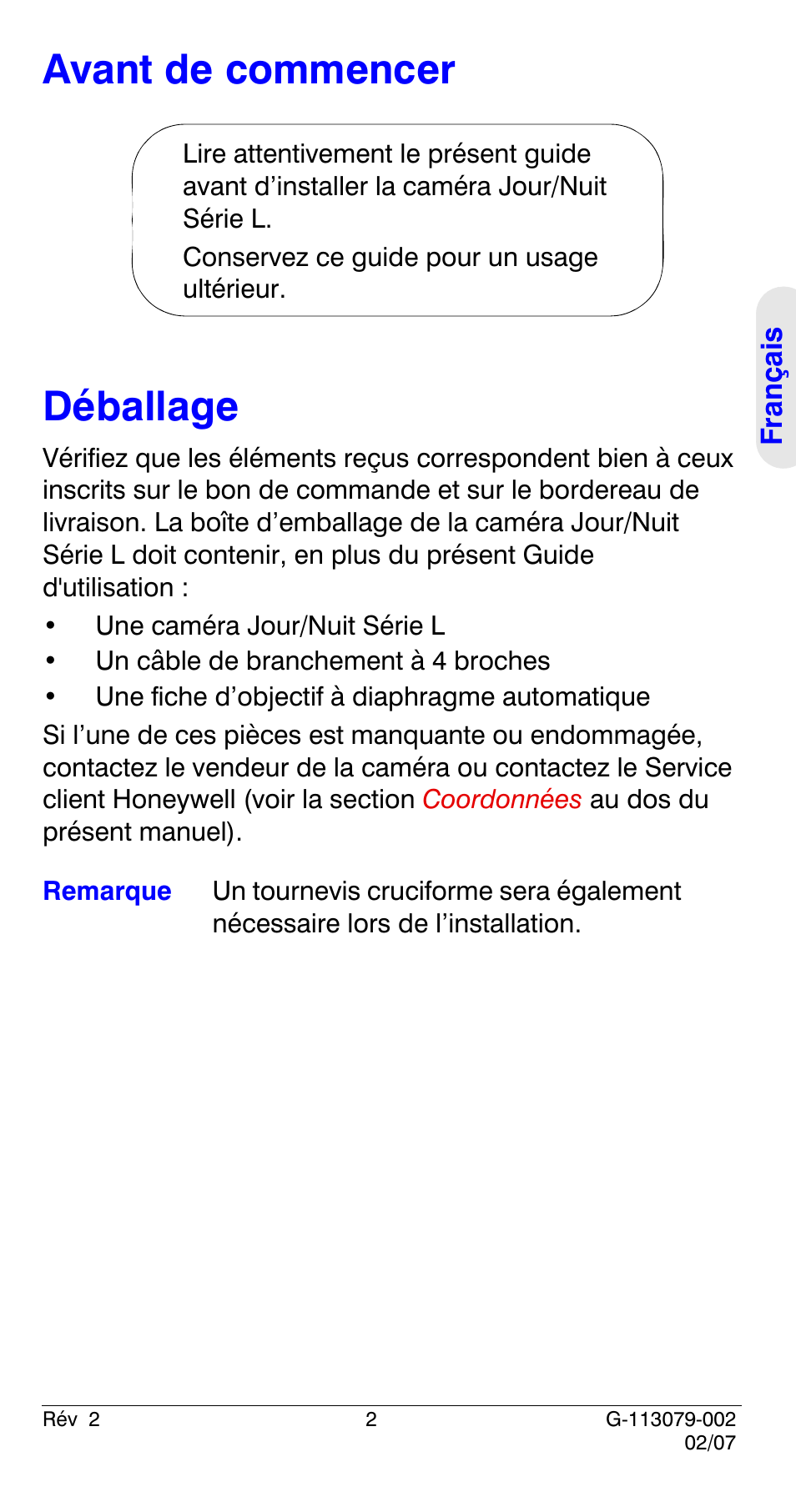 Avant de commencer, Déballage, Avant de commencer déballage | Honeywell HCD484L User Manual | Page 31 / 144