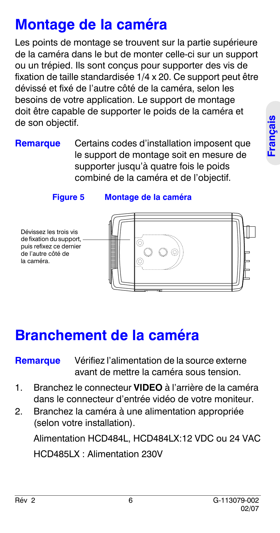 Montage de la caméra, Branchement de la caméra, Montage de la caméra branchement de la caméra | Honeywell HCD484L User Manual | Page 35 / 144