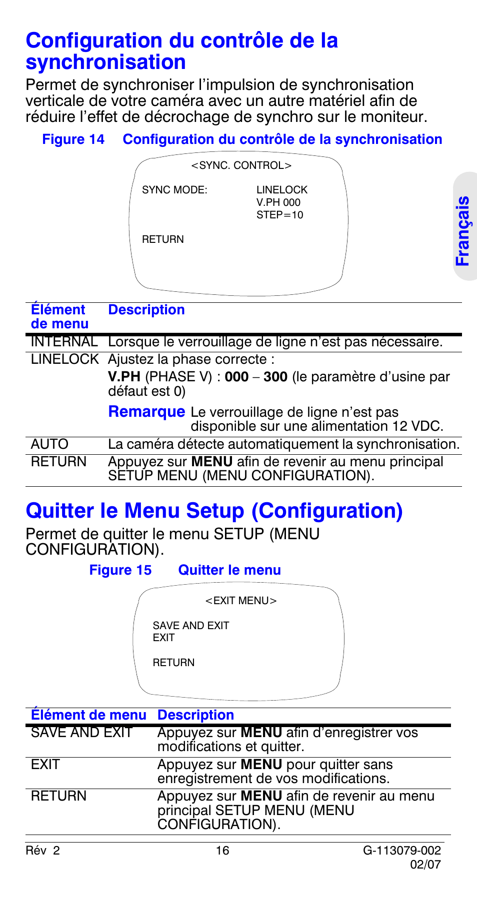 Configuration du contrôle de la synchronisation, Quitter le menu setup (configuration), Configuration du contrôle de | La synchronisation | Honeywell HCD484L User Manual | Page 45 / 144