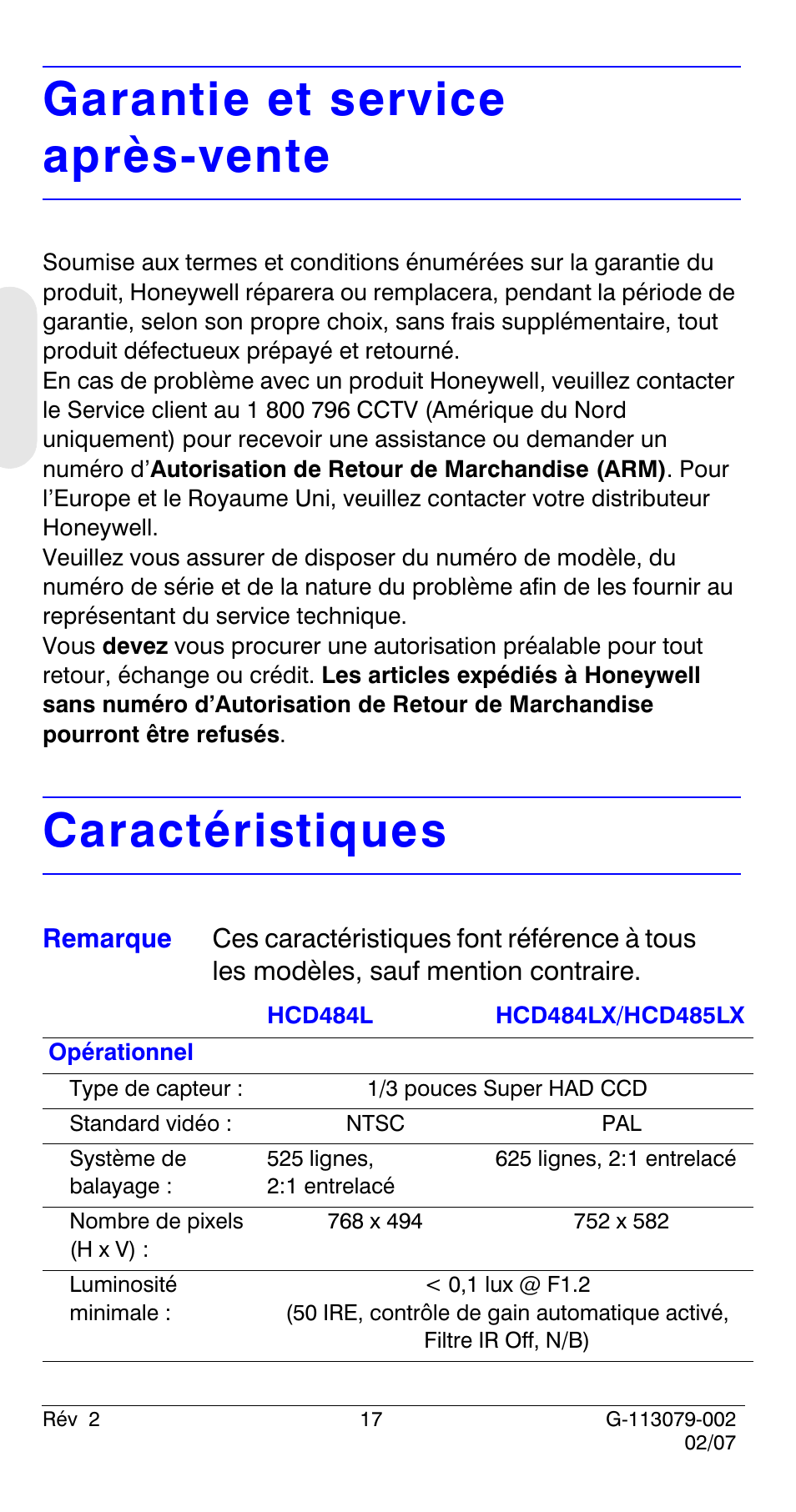 Garantie et service après-vente, Caractéristiques | Honeywell HCD484L User Manual | Page 46 / 144