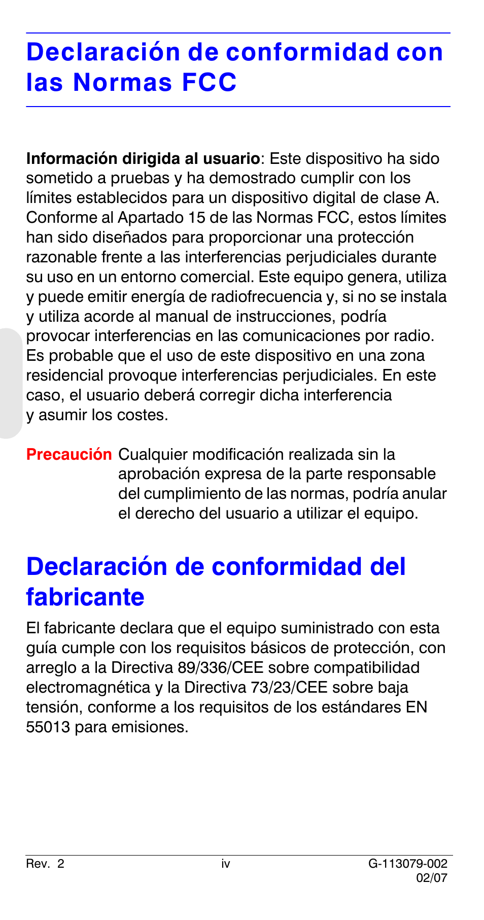 Declaración de conformidad con las normas fcc, Declaración de conformidad del fabricante | Honeywell HCD484L User Manual | Page 52 / 144