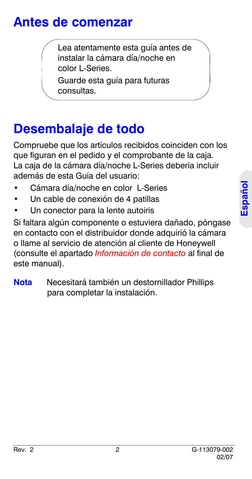 Antes de comenzar, Desembalaje de todo, Antes de comenzar desembalaje de todo | Honeywell HCD484L User Manual | Page 55 / 144