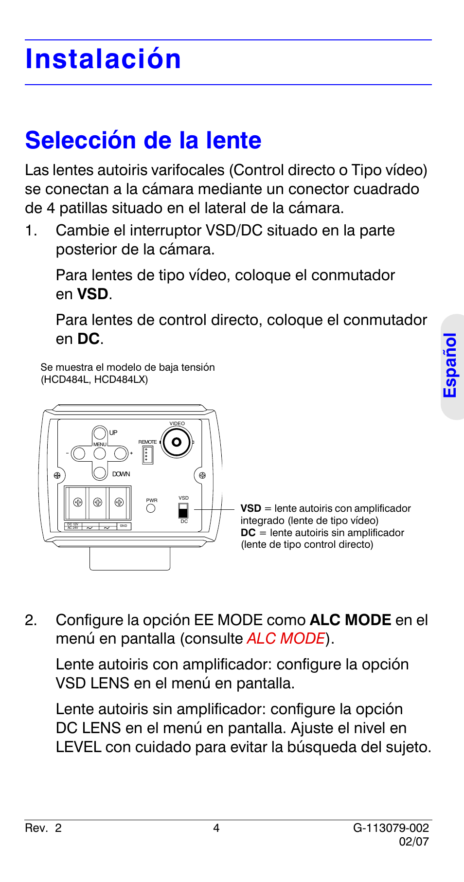 Instalación, Selección de la lente, Español | Honeywell HCD484L User Manual | Page 57 / 144