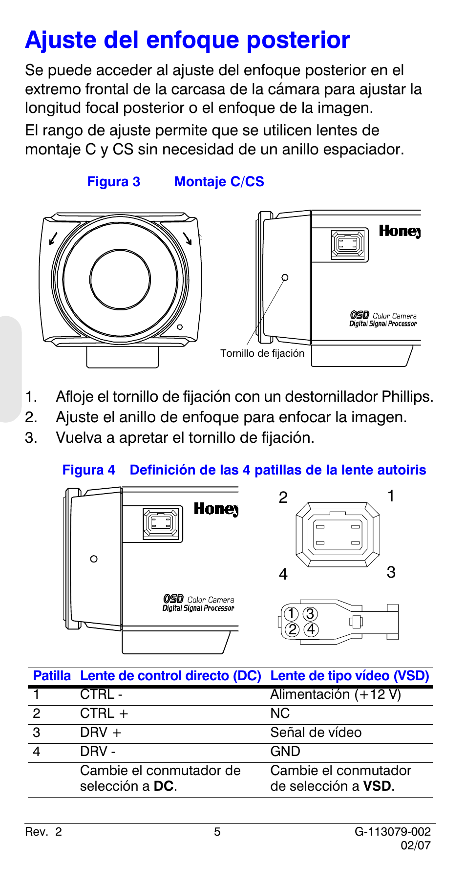 Ajuste del enfoque posterior | Honeywell HCD484L User Manual | Page 58 / 144