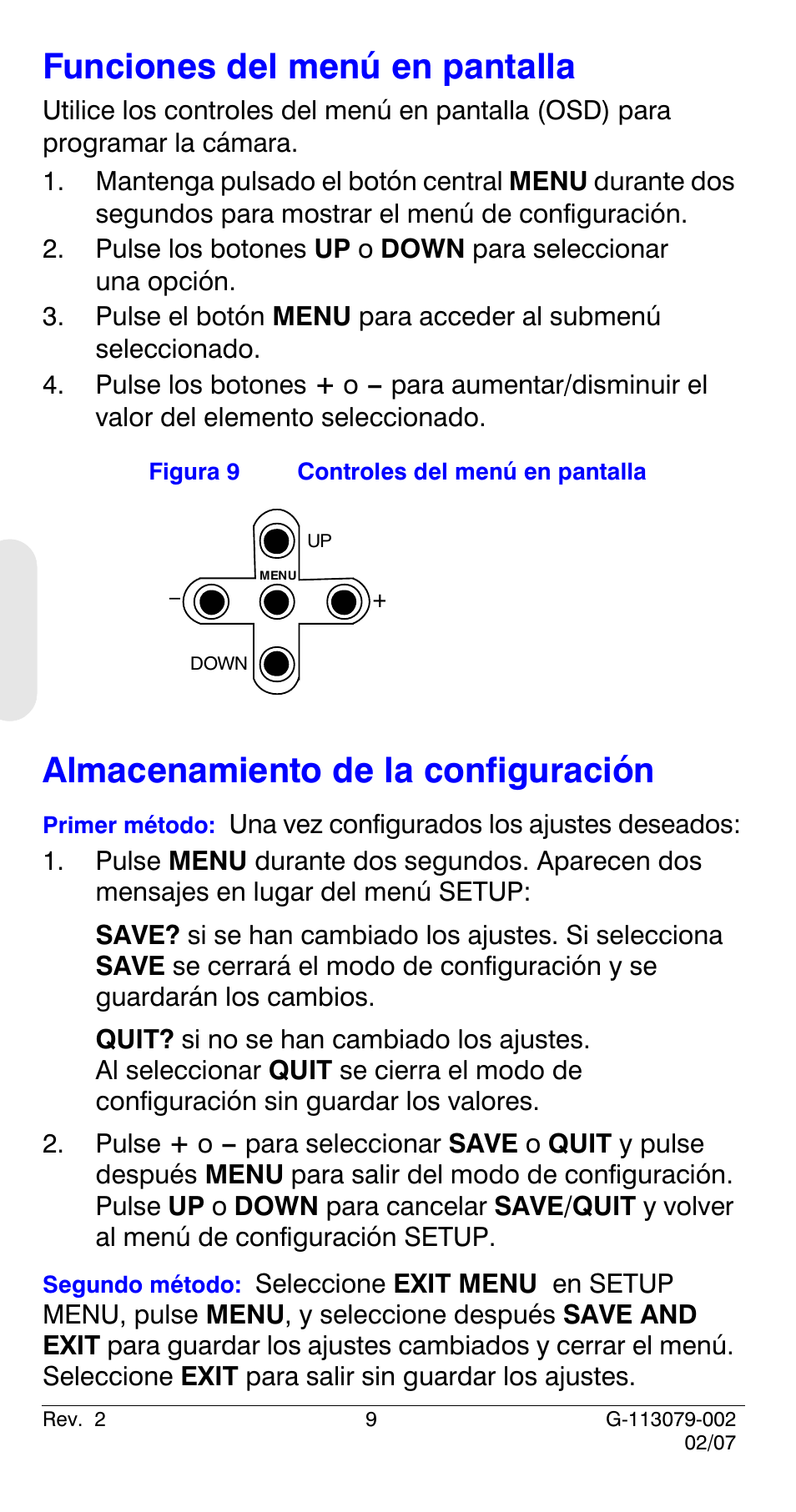 Funciones del menú en pantalla, Almacenamiento de la configuración | Honeywell HCD484L User Manual | Page 62 / 144