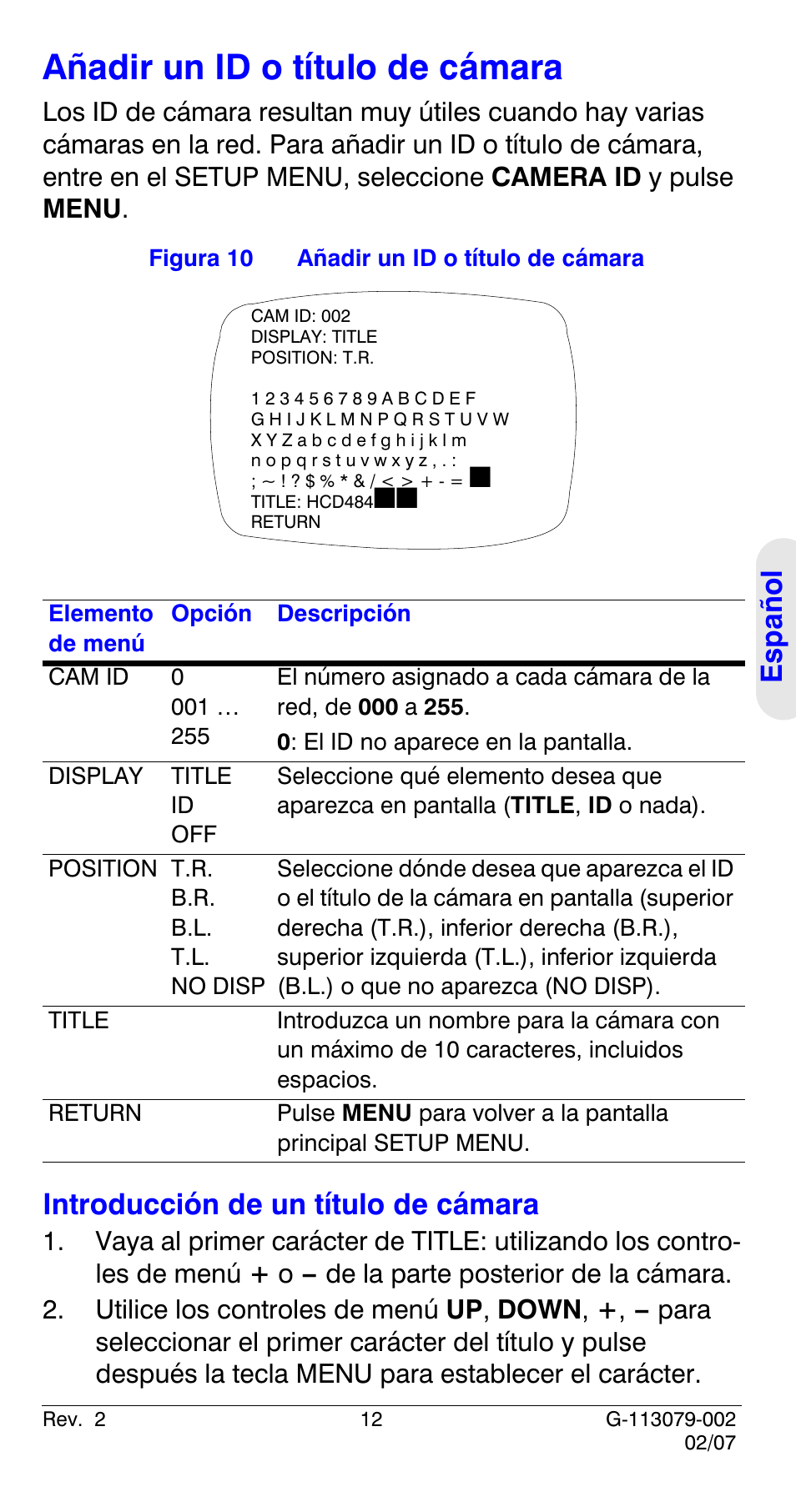 Añadir un id o título de cámara, Español, Introducción de un título de cámara | Honeywell HCD484L User Manual | Page 65 / 144