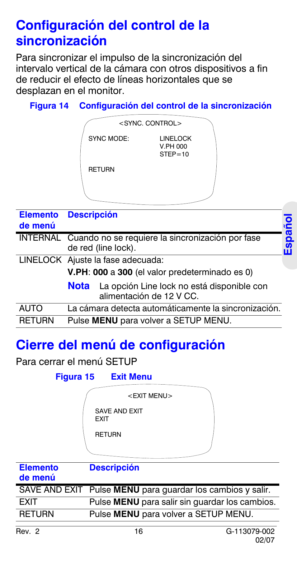 Configuración del control de la sincronización, Cierre del menú de configuración, Consulte | Configuración del, Control de la sincronización, Español, Para cerrar el menú setup, Nota | Honeywell HCD484L User Manual | Page 69 / 144