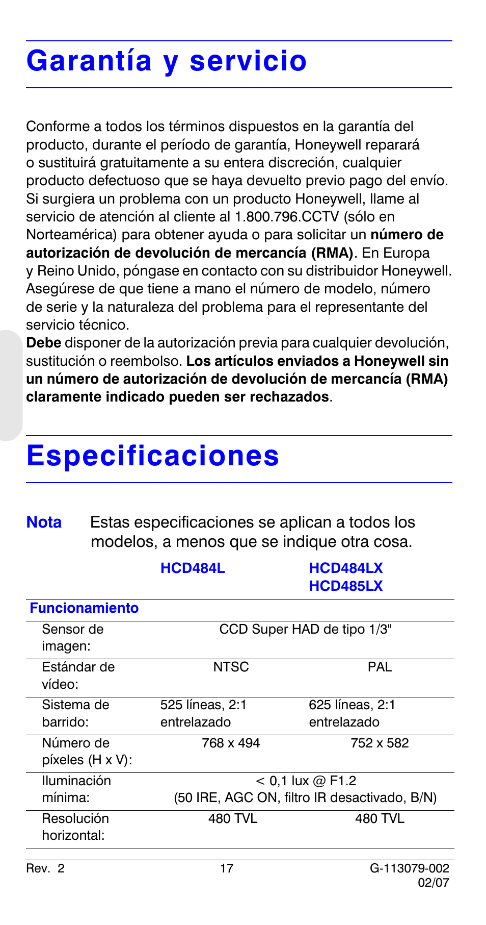 Garantía y servicio, Especificaciones | Honeywell HCD484L User Manual | Page 70 / 144