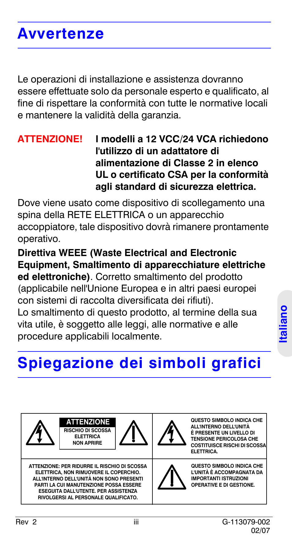 Avvertenze, Spiegazione dei simboli grafici, Italian o | Honeywell HCD484L User Manual | Page 75 / 144