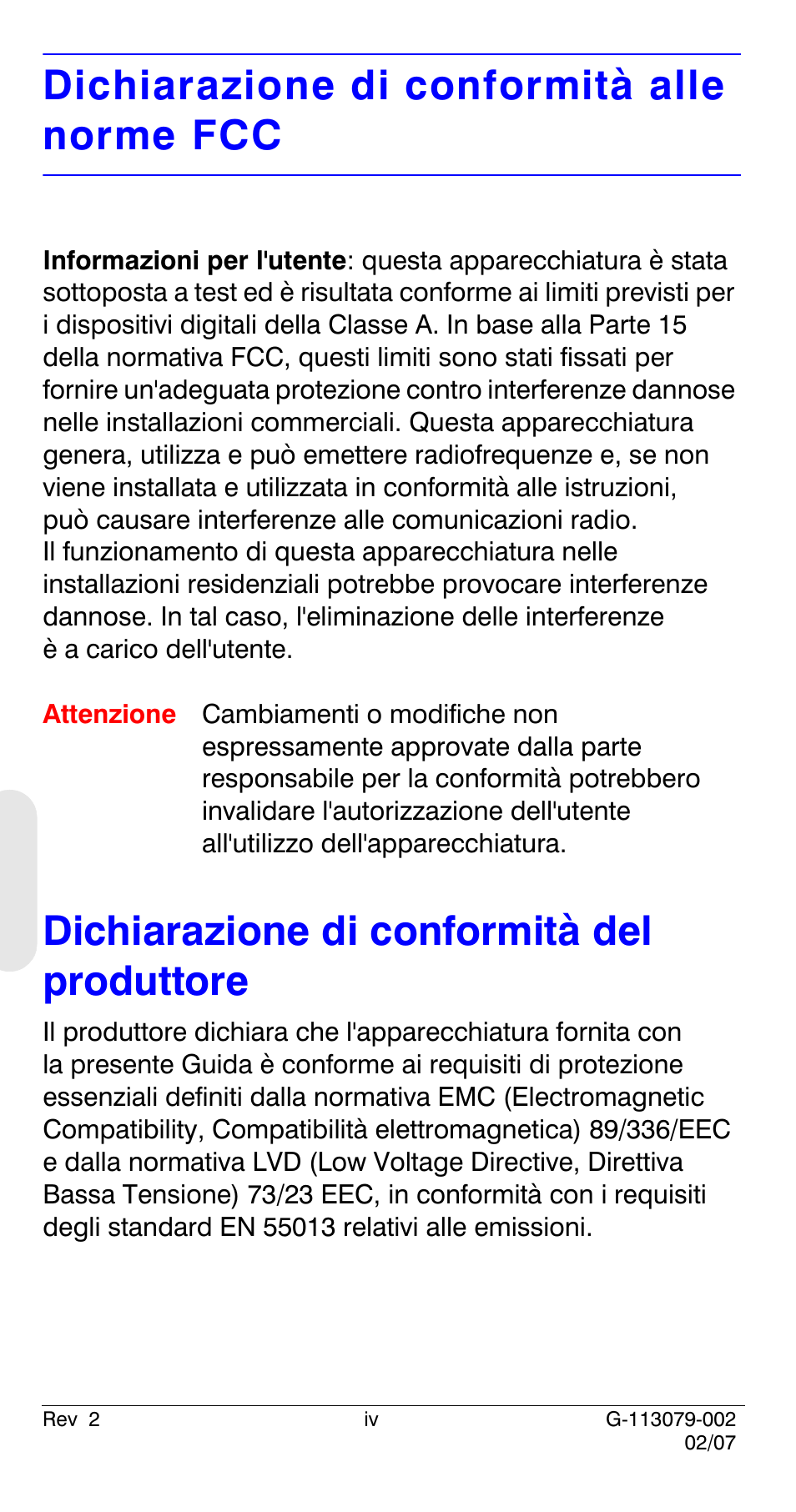 Dichiarazione di conformità alle norme fcc, Dichiarazione di conformità del produttore | Honeywell HCD484L User Manual | Page 76 / 144