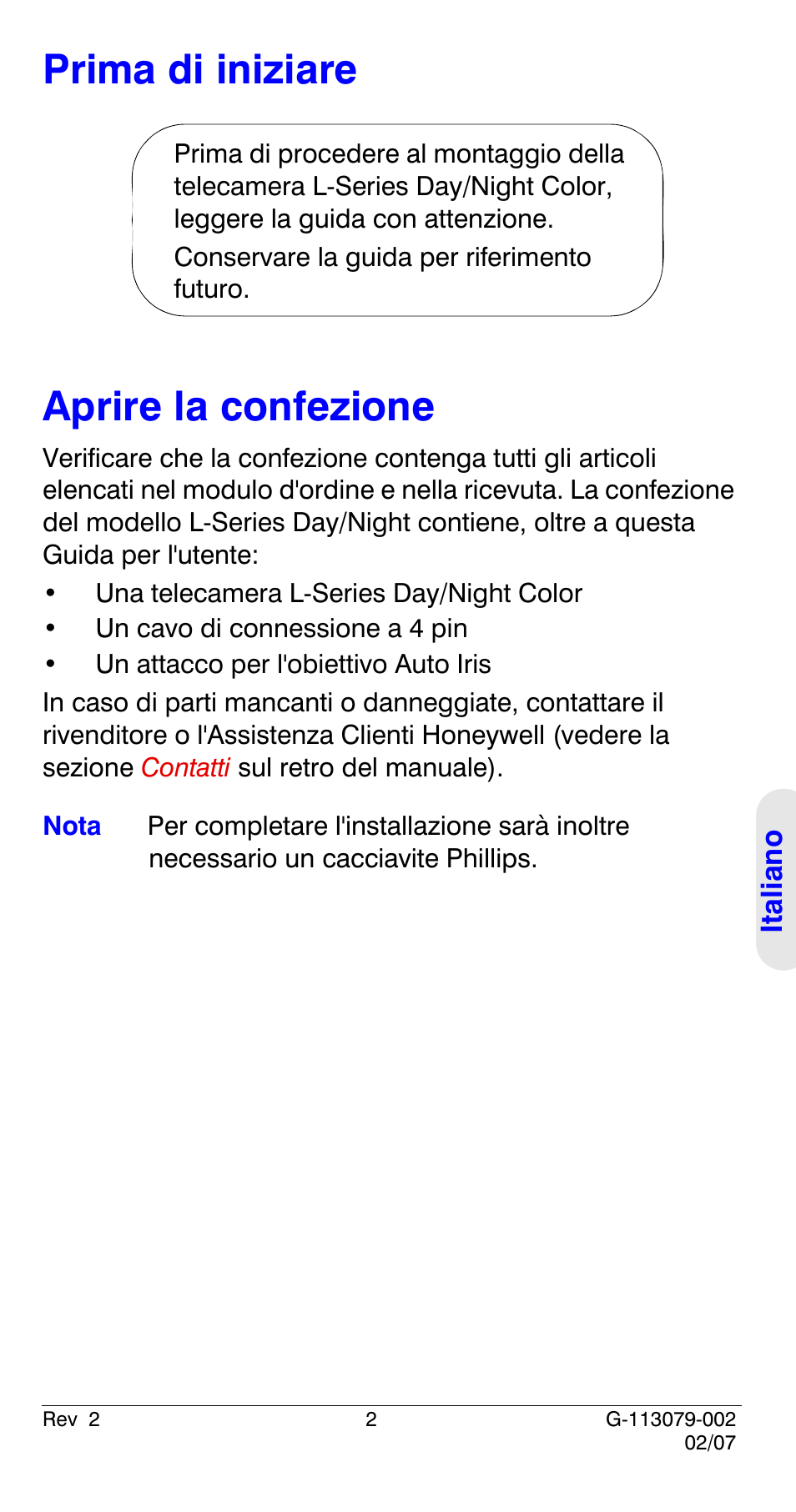 Prima di iniziare, Aprire la confezione, Prima di iniziare aprire la confezione | Honeywell HCD484L User Manual | Page 79 / 144