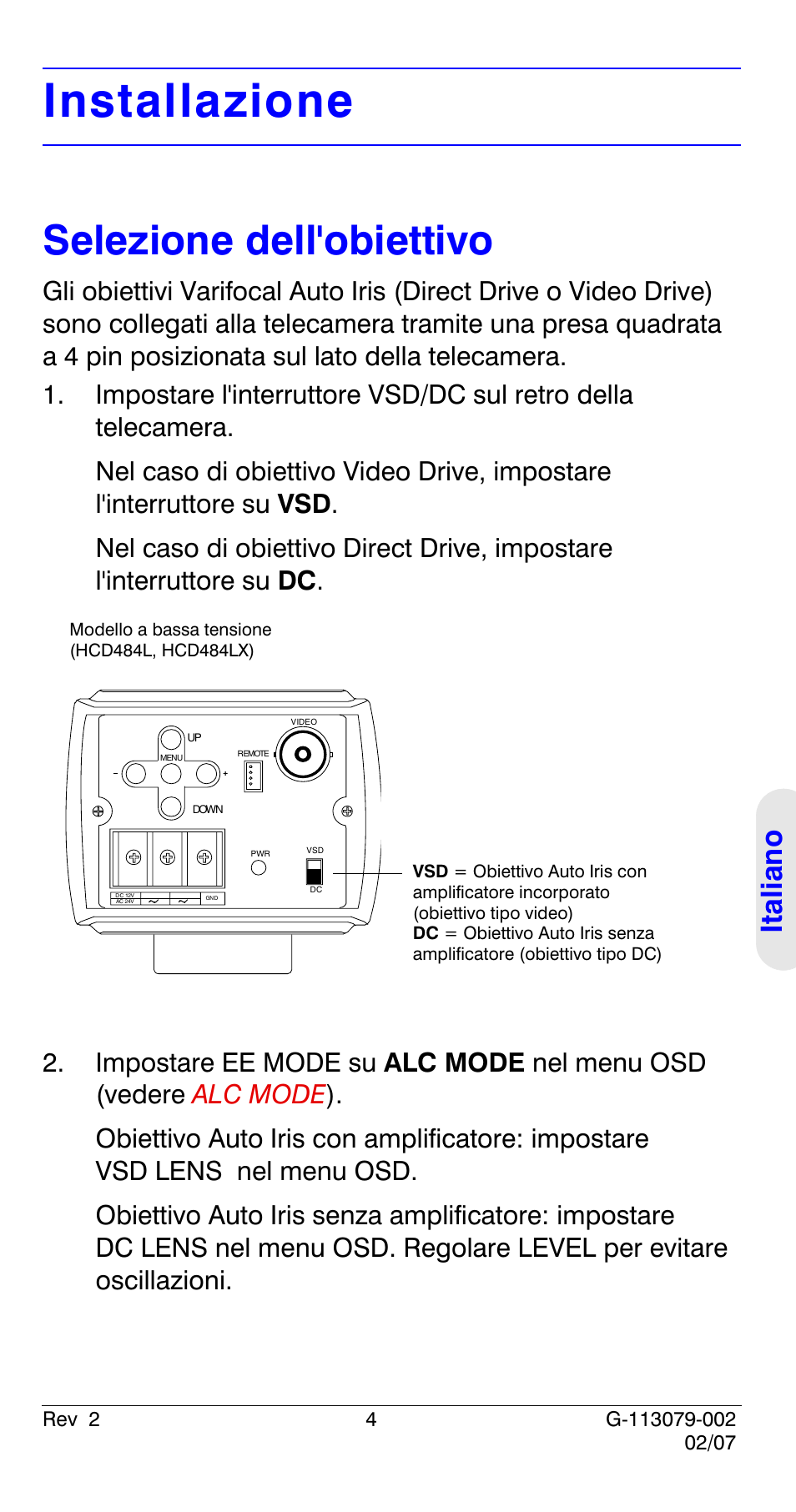 Installazione, Selezione dell'obiettivo, Italian o | Honeywell HCD484L User Manual | Page 81 / 144