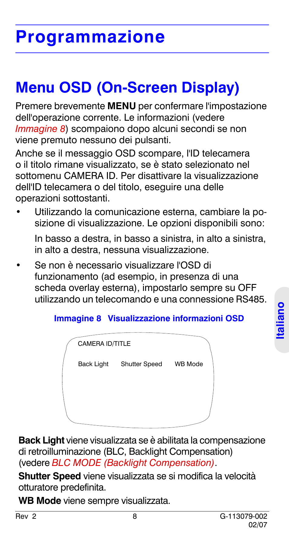 Programmazione, Menu osd (on-screen display) | Honeywell HCD484L User Manual | Page 85 / 144