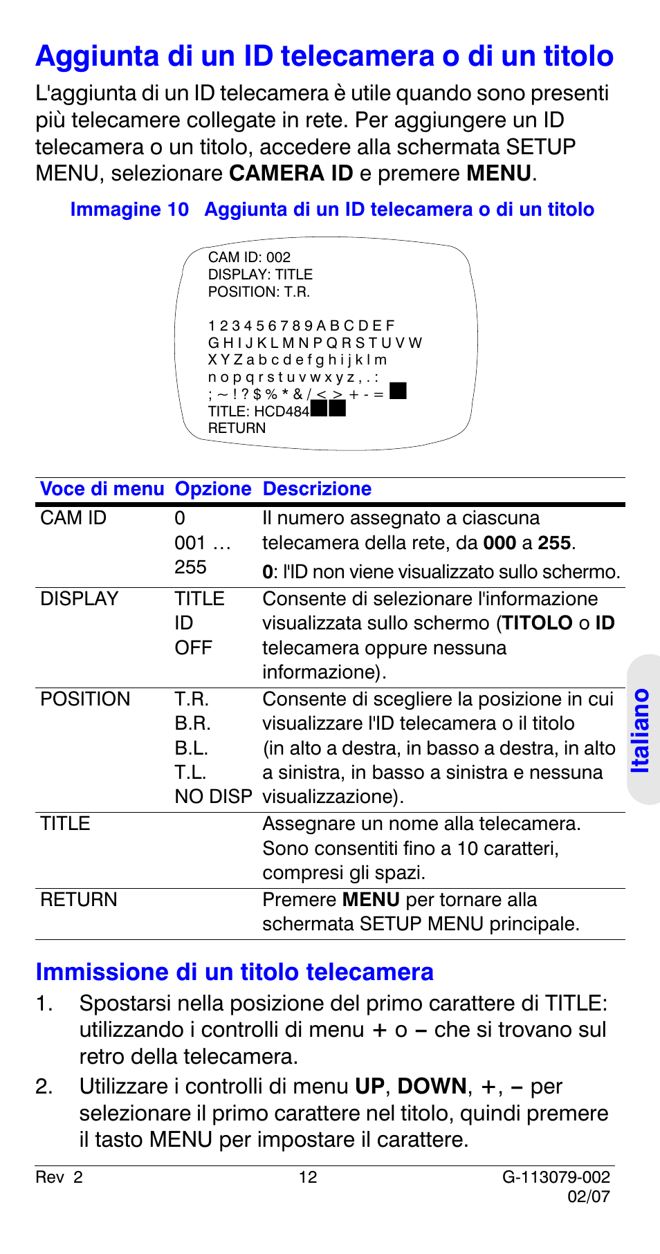 Aggiunta di un id telecamera o di un titolo, Italian o, Immissione di un titolo telecamera | Honeywell HCD484L User Manual | Page 89 / 144