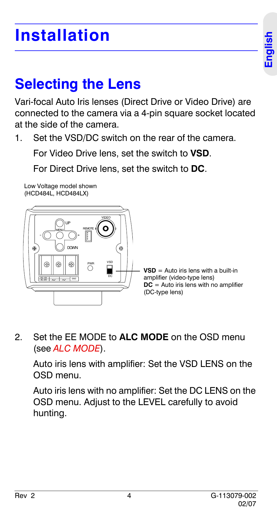Installation, Selecting the lens, Eng lish | Honeywell HCD484L User Manual | Page 9 / 144