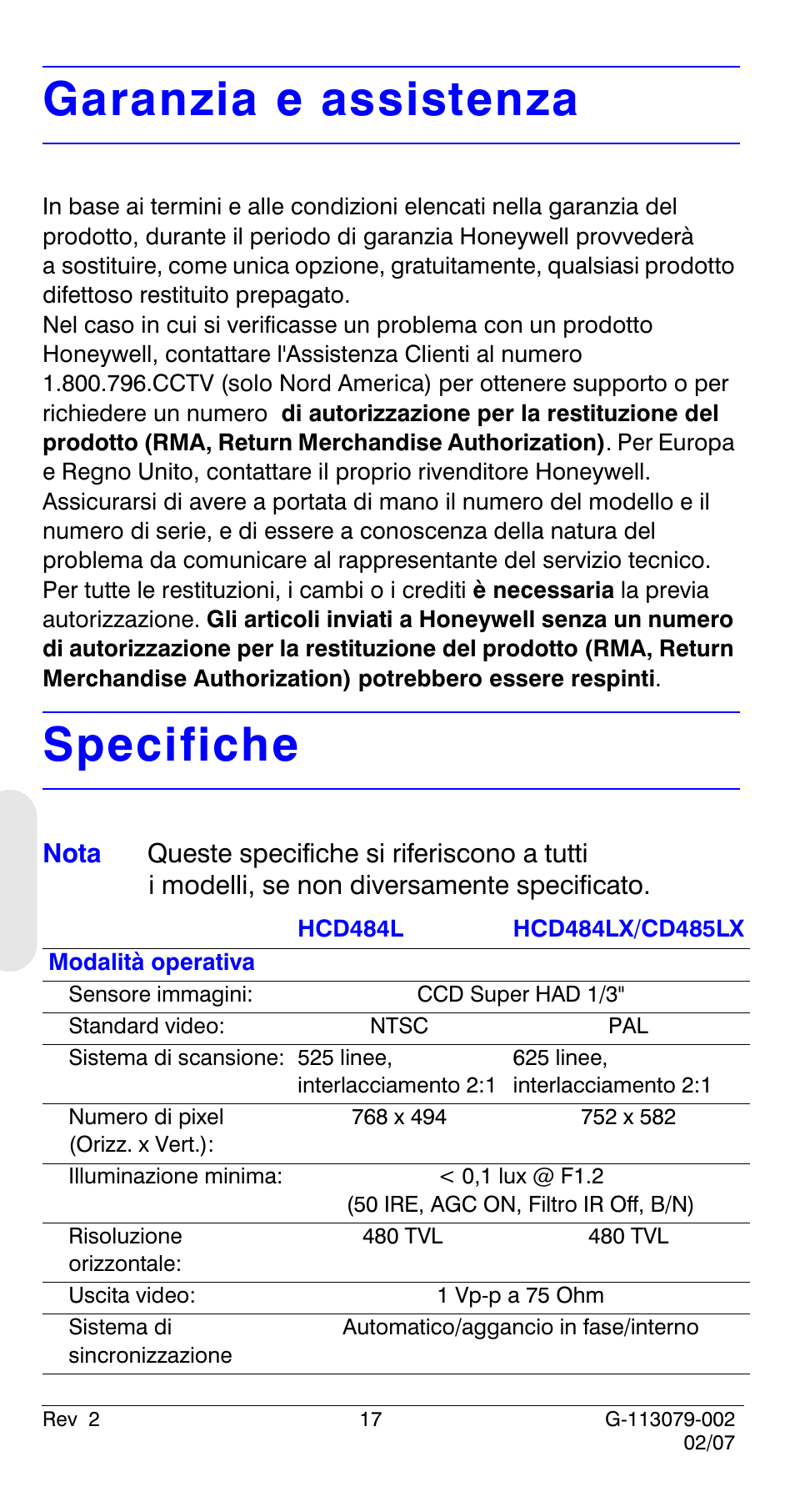 Garanzia e assistenza, Specifiche | Honeywell HCD484L User Manual | Page 94 / 144