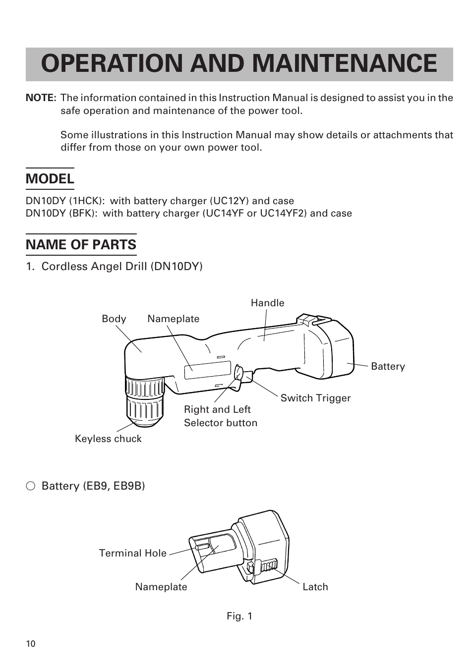 Operation and maintenance, Model, Name of parts | Honeywell DN 10DY User Manual | Page 10 / 24