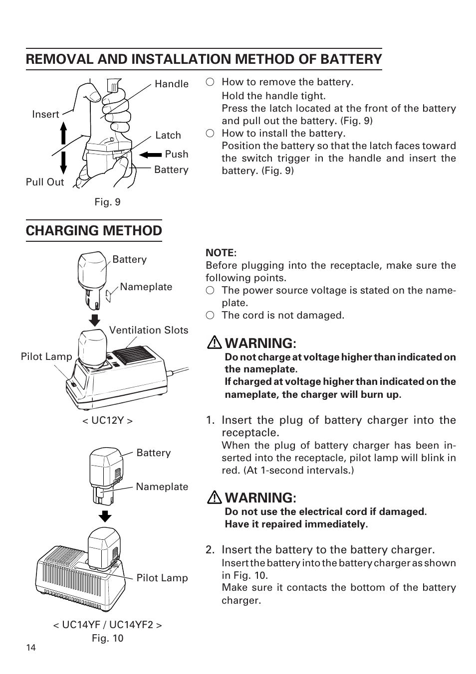 Removal and installation method of battery, Charging method, Warning | Honeywell DN 10DY User Manual | Page 14 / 24