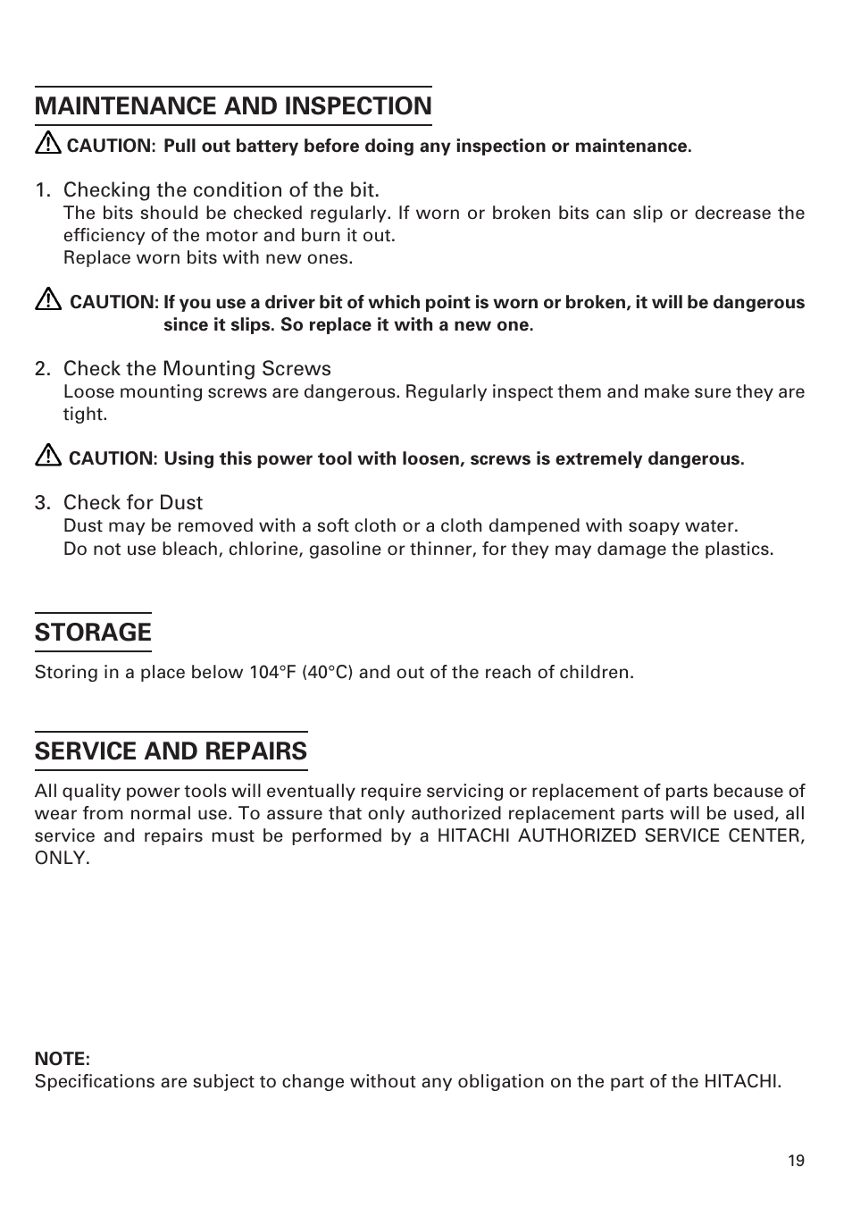Maintenance and inspection, Storage, Service and repairs | Honeywell DN 10DY User Manual | Page 19 / 24