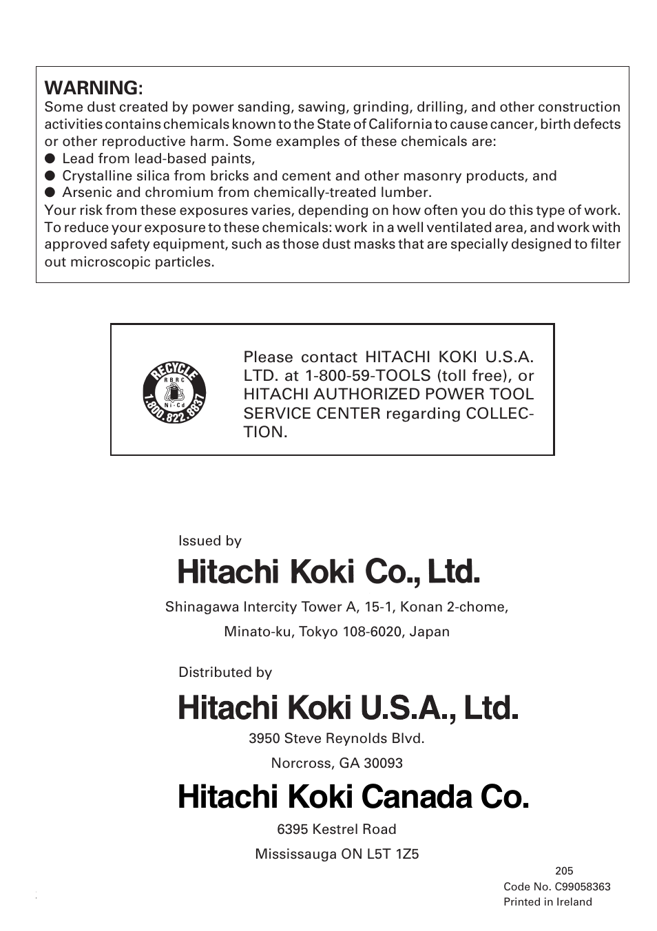 Hitachi koki canada co, Warning | Honeywell DN 10DY User Manual | Page 24 / 24