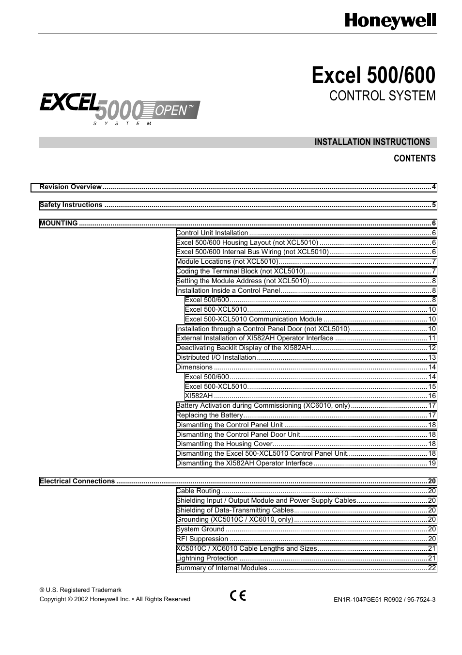 Honeywell Excell 500/600 Controll System 500-XCL5010 User Manual | 48 pages