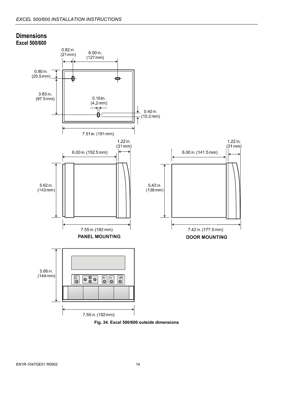 Dimensions, Excel 500/600 | Honeywell Excell 500/600 Controll System 500-XCL5010 User Manual | Page 14 / 48