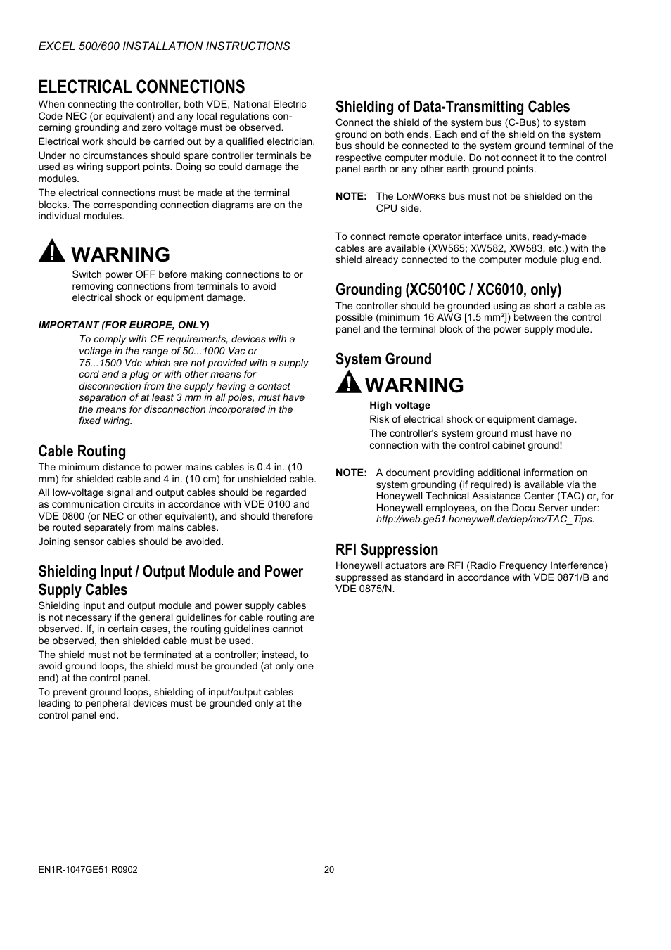 Electrical connections, E 20), Warning | Cable routing, Shielding of data-transmitting cables, System ground, Rfi suppression | Honeywell Excell 500/600 Controll System 500-XCL5010 User Manual | Page 20 / 48