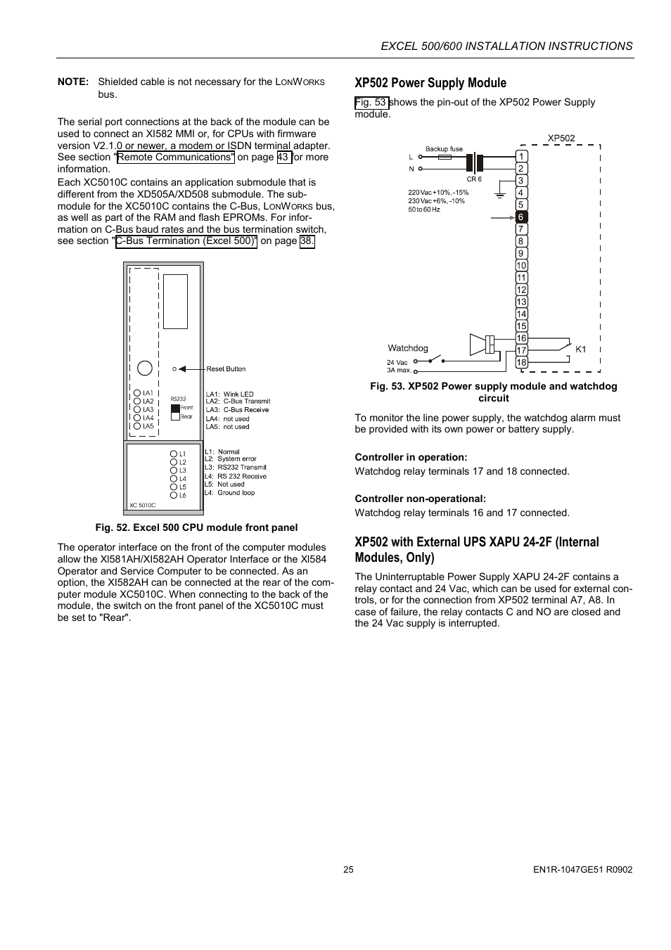 Xp502 power supply module | Honeywell Excell 500/600 Controll System 500-XCL5010 User Manual | Page 25 / 48