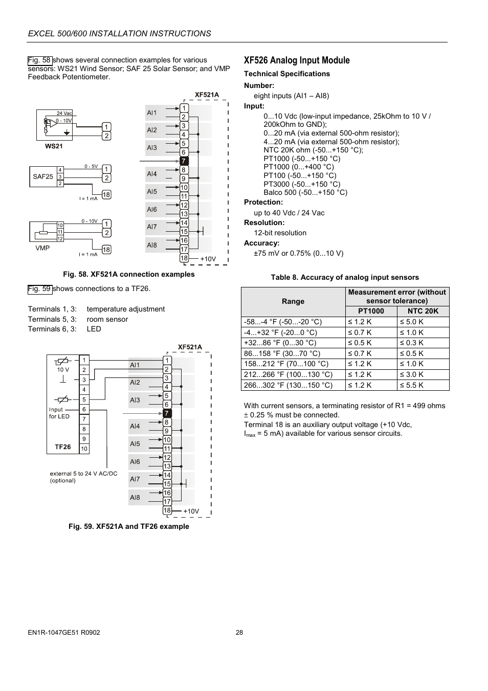 Xf526 analog input module, Nd table 8 a | Honeywell Excell 500/600 Controll System 500-XCL5010 User Manual | Page 28 / 48