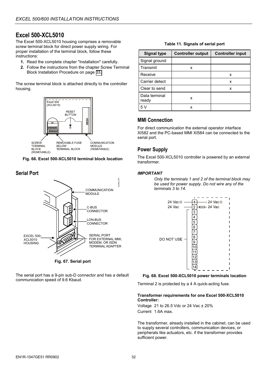 Excel 500-xcl5010, Serial port mmi connection power supply, Serial port | Mmi connection, Power supply | Honeywell Excell 500/600 Controll System 500-XCL5010 User Manual | Page 32 / 48