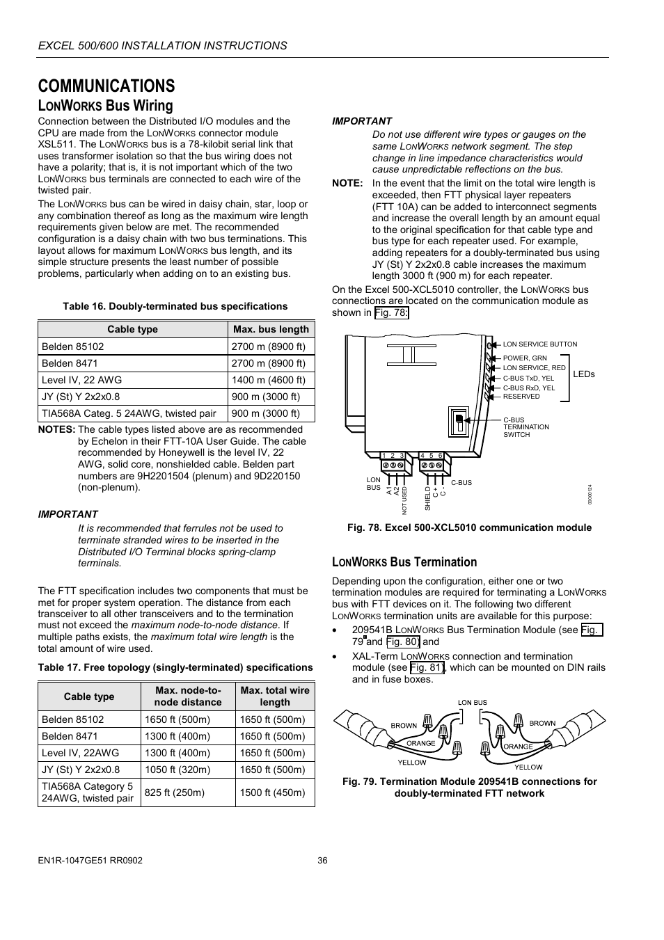 Communications, Orks, Bus wiring | Bus termination, 36) a | Honeywell Excell 500/600 Controll System 500-XCL5010 User Manual | Page 36 / 48