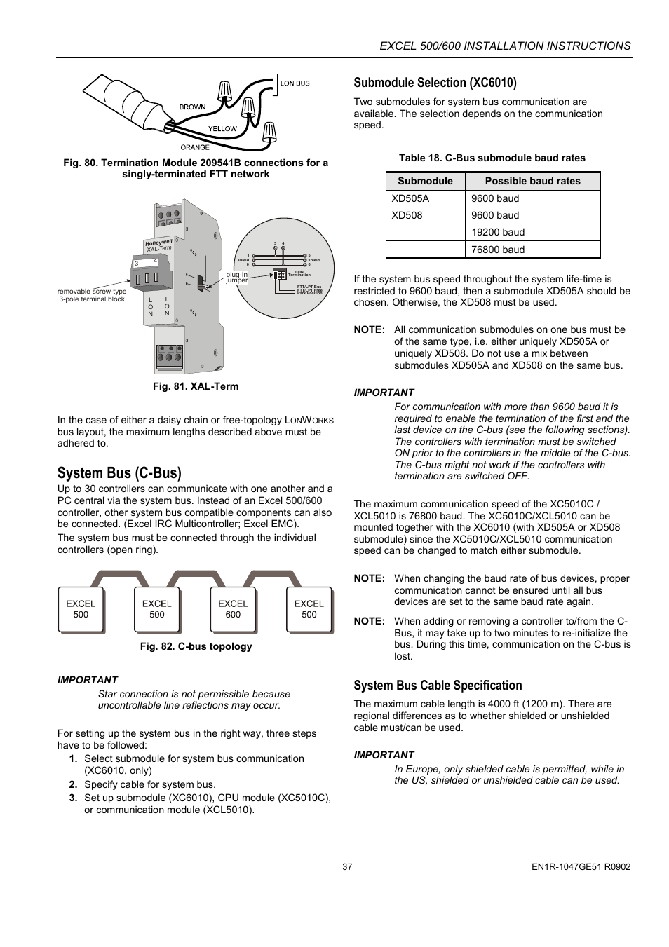System bus (c-bus), Nd "system bus (c-bus), Ge 37) for | Fig. 80), Fig. 81), w, Submodule selection (xc6010), System bus cable specification | Honeywell Excell 500/600 Controll System 500-XCL5010 User Manual | Page 37 / 48